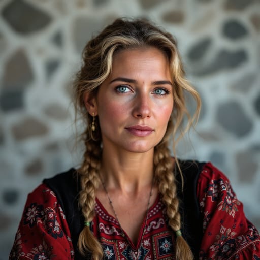 Albanians, rendered by FLUX 1.1 Pro from the shared prompt, AI-generated adult subject