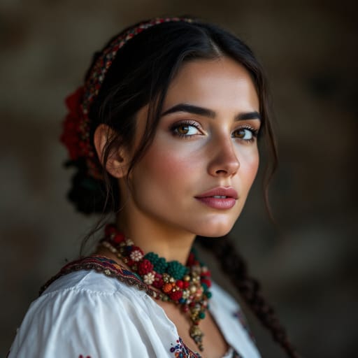 Aromanians, rendered by FLUX 1.1 Pro from the shared prompt, AI-generated adult subject