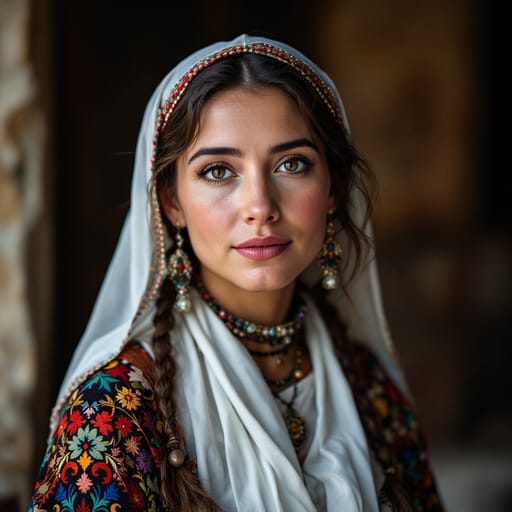 Aromanians, rendered by FLUX 1.1 Pro from the shared prompt, AI-generated adult subject