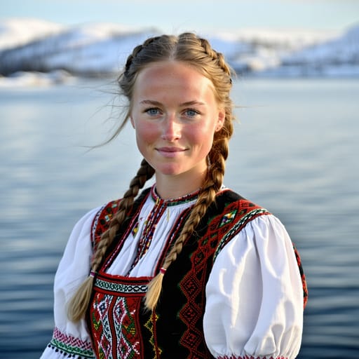 Norwegians, rendered by Stable Diffusion 3.5 Large from the shared prompt, AI-generated adult subject