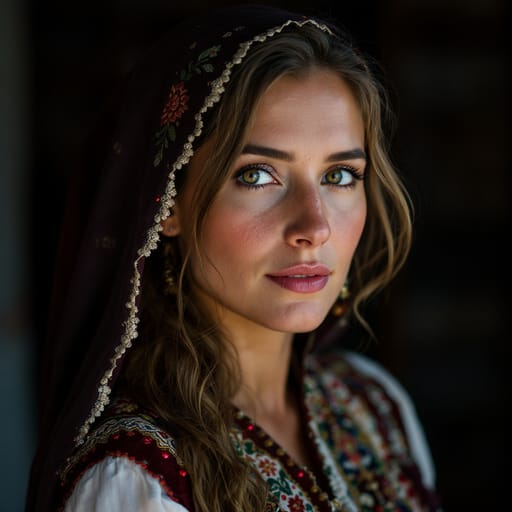 Romanians, rendered by FLUX 1.1 Pro from the shared prompt, AI-generated adult subject