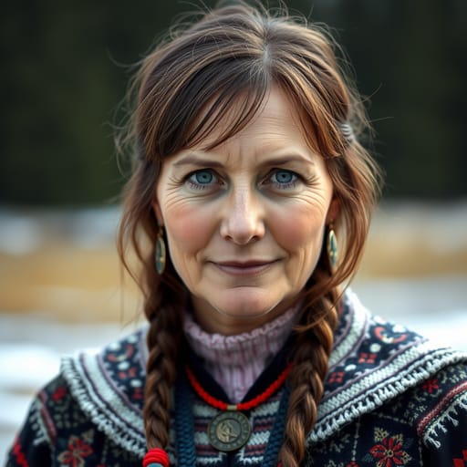Sámi, rendered by FLUX.1 schnell from the shared prompt, AI-generated adult subject
