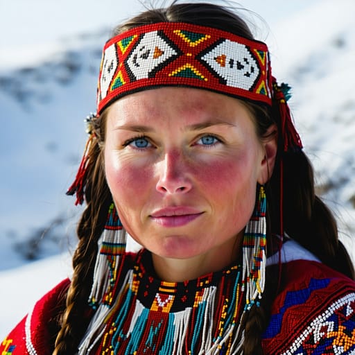 Sámi, rendered by Stable Diffusion 3.5 Large from the shared prompt, AI-generated adult subject