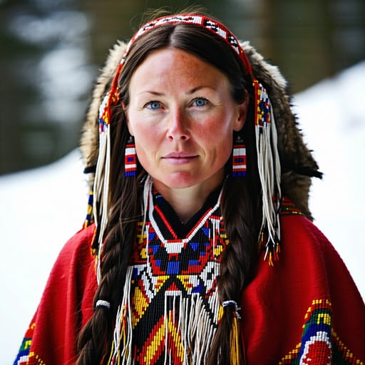 Sámi, rendered by Stable Diffusion 3.5 Large from the shared prompt, AI-generated adult subject