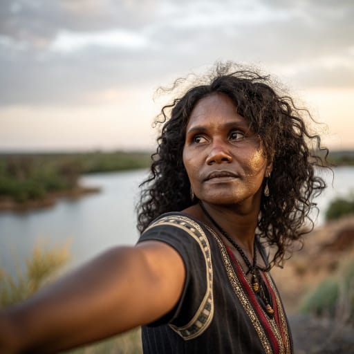 Alyawarre woman from Sandover and Plenty river country northeast of Alice Springs, Northern Territory, Australia, reaching toward the Queensland border; communities include Ampilatwatja, Alpurrurulam (Lake Nash) and Utopia, related phenotype reference