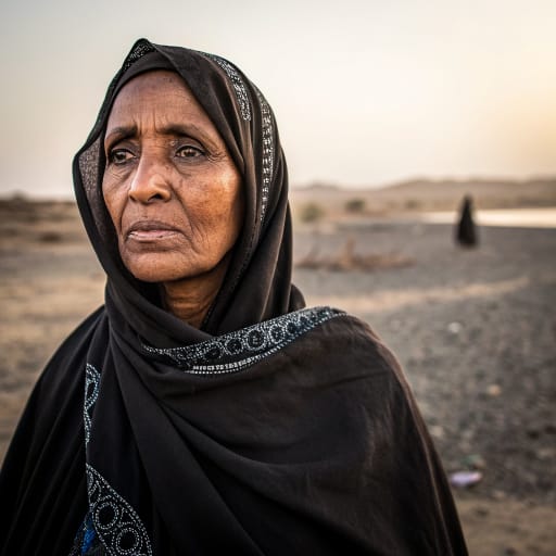 Banu Rashid woman from Northwestern and central Saudi Arabia (the Khaybar lava fields north of Medina, Ha'il, Al-Qassim), with a large community in Kuwait; an offshoot, the Rashaida, lives on the Red Sea coast of Sudan and Eritrea.