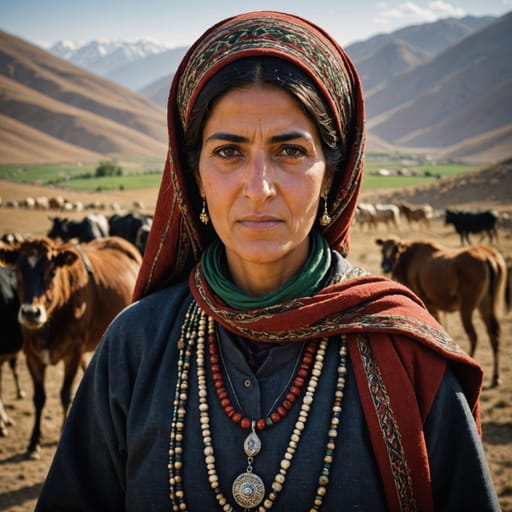 Basseri woman from Fars province, southern Iran, moving between winter pastures in the lowlands south of Shiraz and summer pastures in the Kuh-e Bul highlands to the north