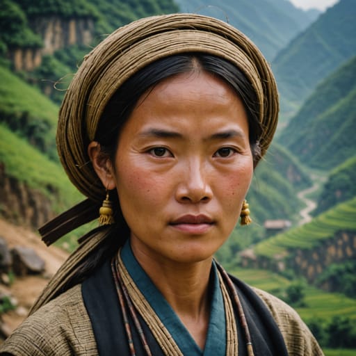 Giáy woman from Valley floors and lower slopes of the northern Vietnamese highlands, chiefly Lào Cai, Hà Giang, Lai Châu, and Yên Bái provinces, Vietnam.