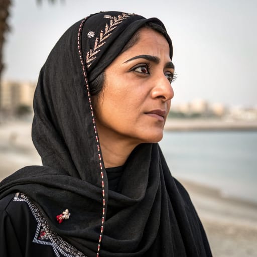 Huwala woman from Historically the Iranian coast and islands of the Persian Gulf (Lingeh, Kong, Charak, Qeshm, Kish); now mainly Bahrain, the UAE, Qatar, Kuwait and eastern Saudi Arabia