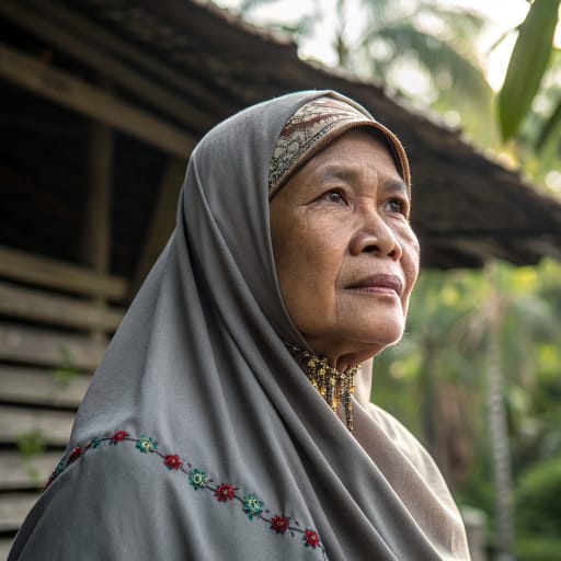 Kanaq woman from Kampung Sungai Selangi near Mawai, Kota Tinggi District, Johor, Malaysia; origins traced to the Riau-Lingga islands, Indonesia