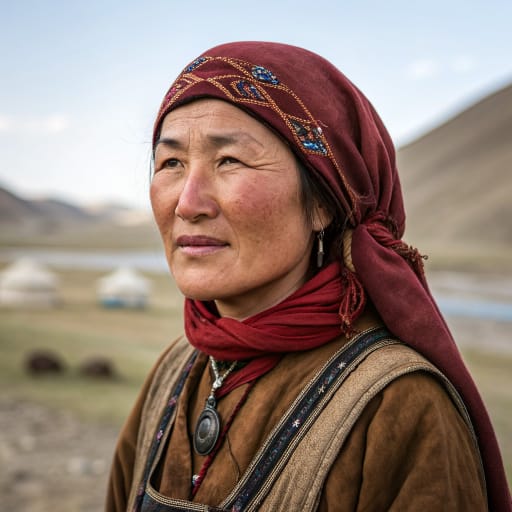 Karluks woman from Originally the Black Irtysh and Tarbagatai country west of the Altai (eastern Kazakhstan and northern Xinjiang, China); from the 8th century Zhetysu, the Chu and Talas valleys, and the western Tian Shan (southeastern Kazakhstan, Kyrgyzstan), later reachin, related phenotype reference