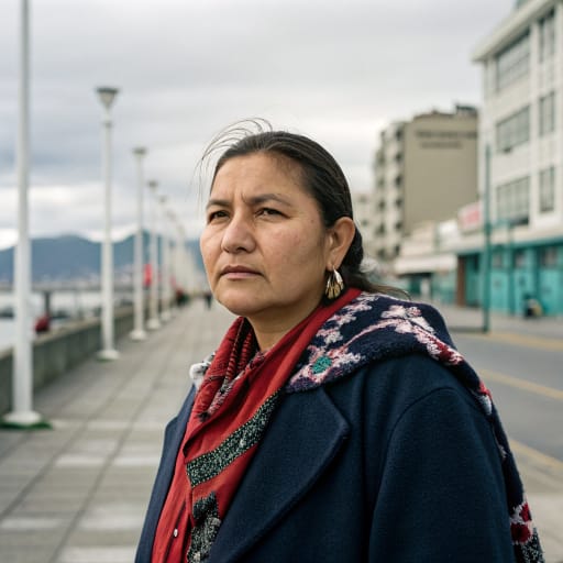 Kawésqar woman from Western Patagonian channels and fjords of Magallanes, southern Chile, from the Gulf of Penas to the Strait of Magellan; today mainly Puerto Edén, Puerto Natales and Punta Arenas.