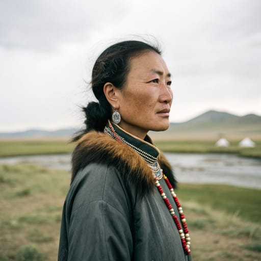 Khoshut woman from Grasslands around Qinghai Lake (Kokonor) in Qinghai, China, with communities in Alxa in Inner Mongolia, Bayingolin in Xinjiang, and Kalmykia in Russia; originally Dzungaria