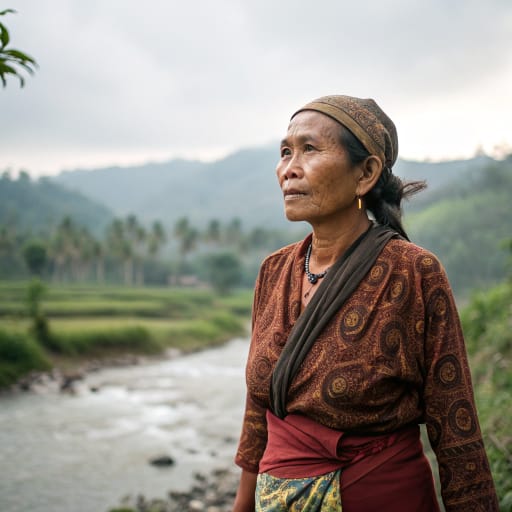 Komering woman from The Komering River basin in South Sumatra, Indonesia, from Lake Ranau on the Lampung border through Ogan Komering Ulu, OKU Selatan and OKU Timur to Ogan Komering Ilir; large communities in Palembang and Bandar Lampung.