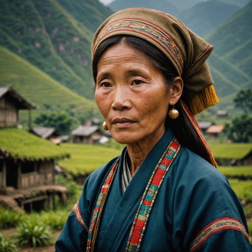 Lachi woman from Highlands of the former Hà Giang province (now part of Tuyên Quang), northern Vietnam, especially Xín Mần and Hoàng Su Phì; smaller communities in Maguan County, Yunnan, China