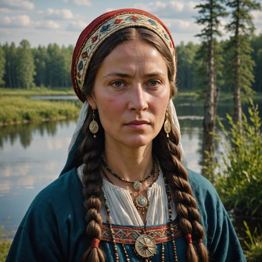 Merya woman from Upper Volga and Klyazma basin around Lake Nero and Lake Pleshcheyevo, in present-day Yaroslavl, Kostroma, Ivanovo and Vladimir regions of Russia.