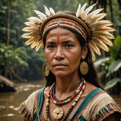 Ticuna woman from Upper Amazon tri-border of Brazil (Amazonas), Colombia (Amazonas), and Peru (Loreto), along the Solimoes / Amazon river, traditional dress, alternate reference 2, Ethnic Erotic phenotype catalog
